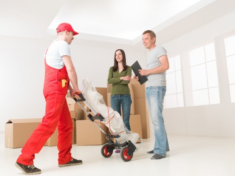 Docklands removals crew carrying boxes and furniture through a residential building